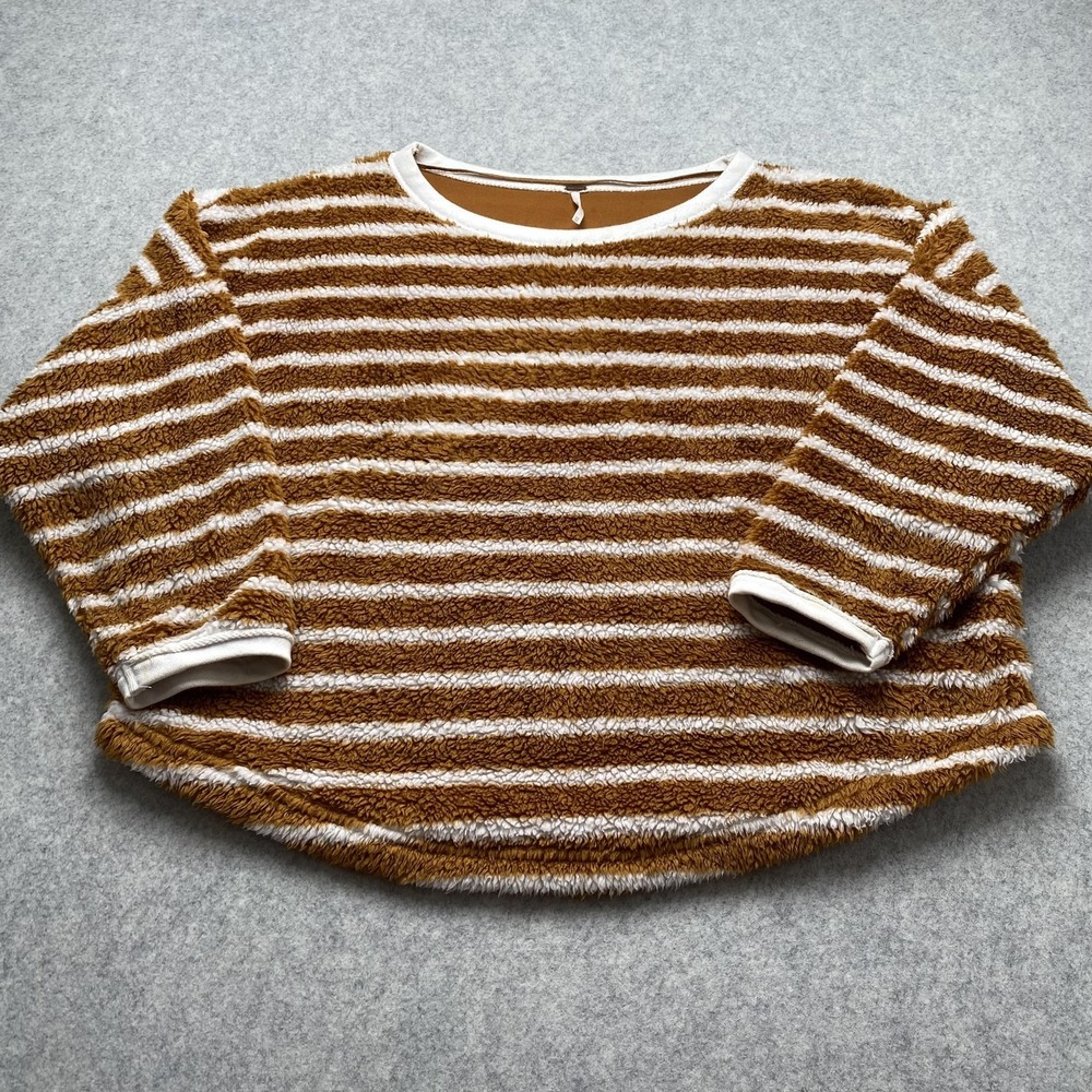 Free People Sweater Womens XS Brown Striped Fuzzy Lined Crewneck *Inside Stain*